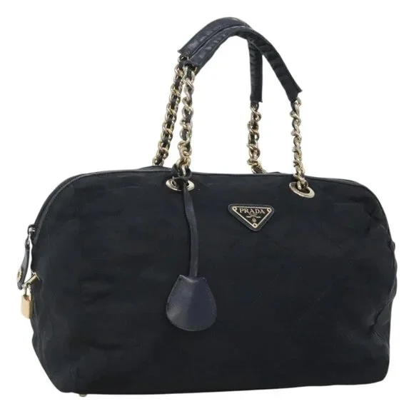 PRADA Chain Shoulder Bag Nylon Navy Gold Auth bs24456
